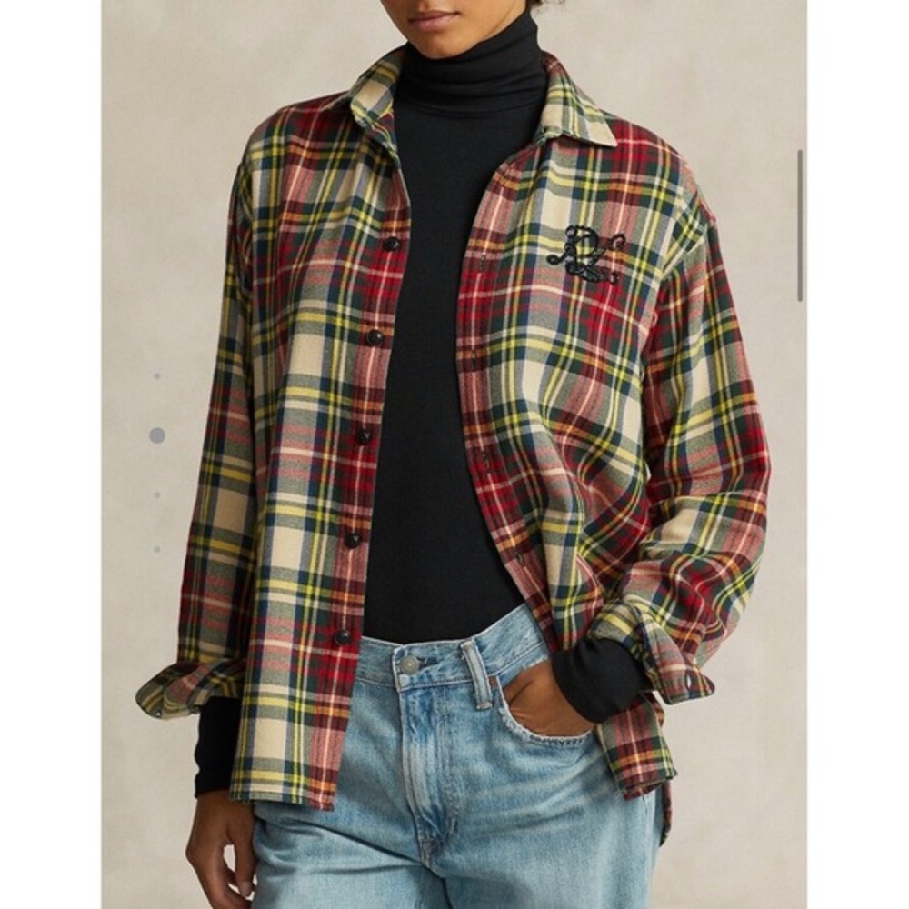 Polo Ralph Lauren Relaxed Fit Monogram‎ Cotton Twill Plaid Shirt Womens 8 Multi
